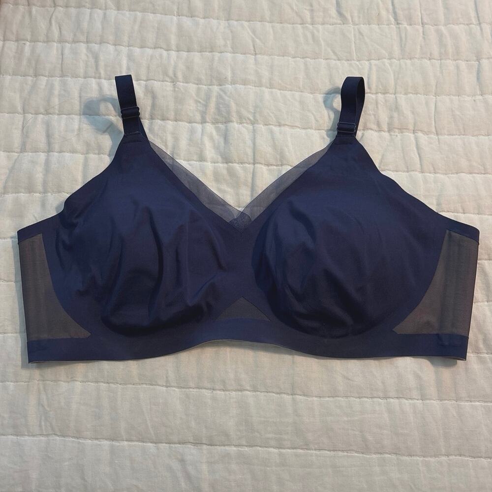 Honeylove Plus Size 2X Lace Inset Crossover Wireless Bra Wirefree Navy Blue